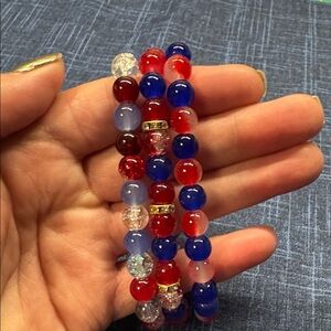 Handmade Elegant Glass Beaded Bracelet Set - Red, Blue, and Clear